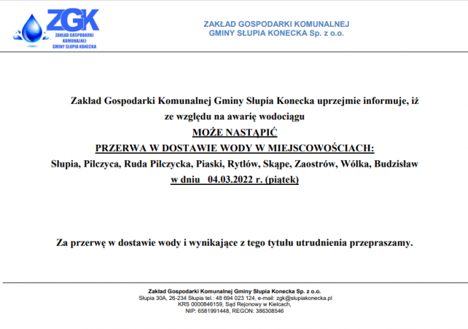 Uwaga przerwa w dostawie wody!