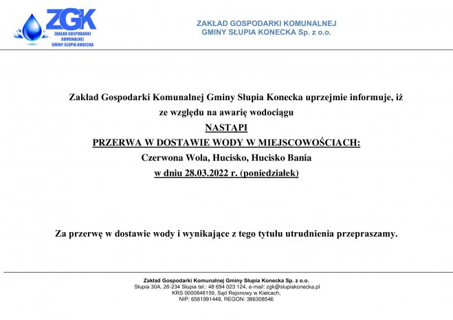 Uwaga przerwa w dostawie wody w miejscowości Czerwona Wola, Hucisko, Hucisko Bania