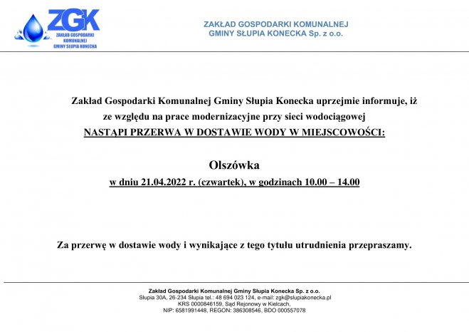Uwaga przerwa w dostawie wody w miejscowości Olszówka