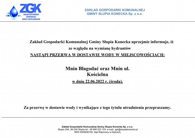 Uwaga przerwa w dostawie wody w miejscowości Mnin Błagodać oraz Mnin ul. Kościelna