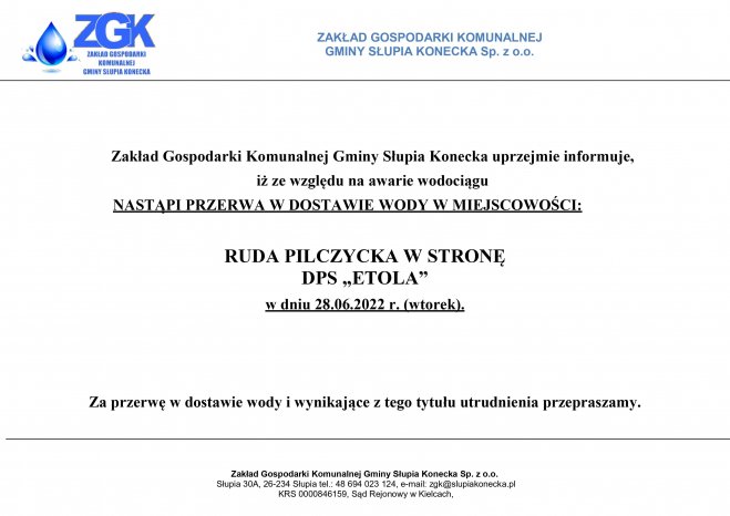 Uwaga przerwa w dostawie wody w miejscowości Ruda Pilczycka