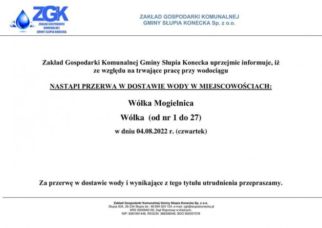 Uwaga przerwa w dostawie wody w miejscowości Wólka Mogielnica