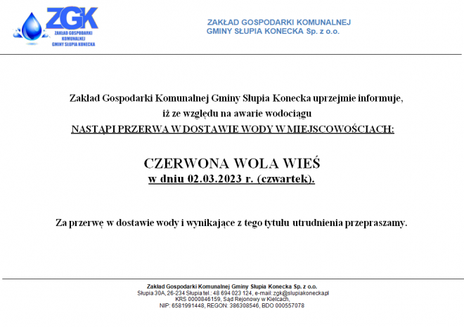 Uwaga przerwa w dostawie wody w miejscowości Czerwona Wola Wieś