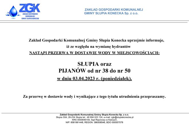 Uwaga przerwa w dostawie wody w miejscowości Słupia oraz Pijanów