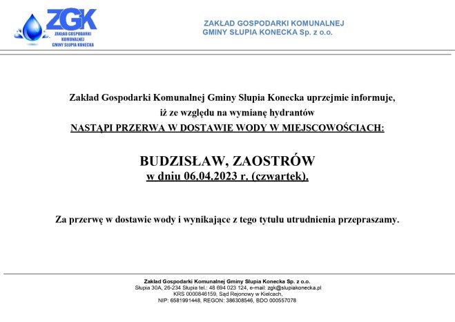 Uwaga przerwa w dostawie wody w miejscowości Budzisław i Zaostrów