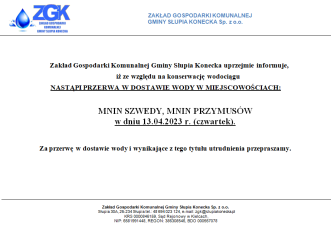 Uwaga przerwa w dostawie wody w miejscowości Mnin Szwedy i Mnin Przymusów