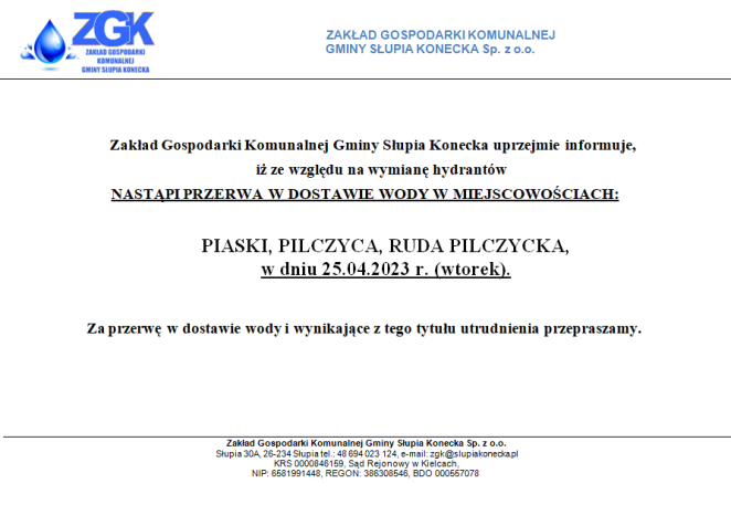 Uwaga przerwa w dostawie wody w miejscowości Piaski, Pilczyca i Ruda Pilczycka!