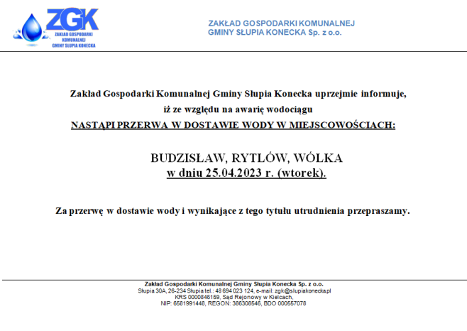 Uwaga przerwa w dostawie wody w miejscowości Budzisław, Rytlów, Wólka