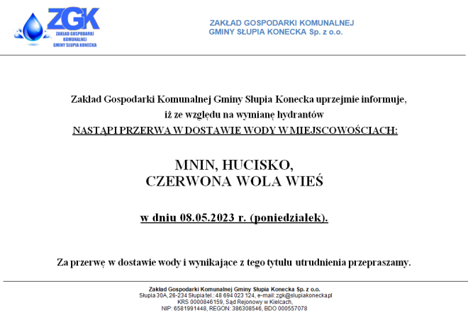 Uwaga przerwa w dostawie wody w miejscowości Mnin, Hucisko i Czerwona Wola Wieś