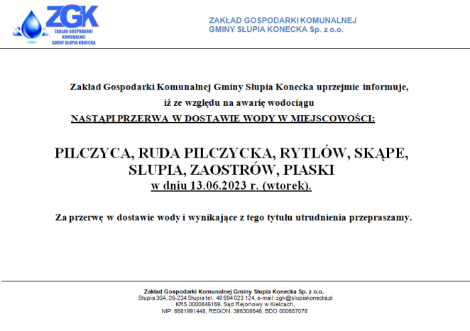 Uwaga brak wody 13.06.2023