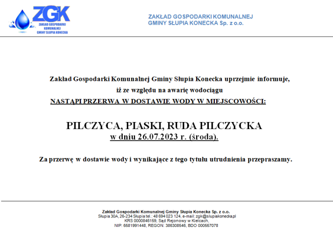 Uwaga brak wody w miejscowościach: Pilczyca, Piaski, Ruda Pilczycka