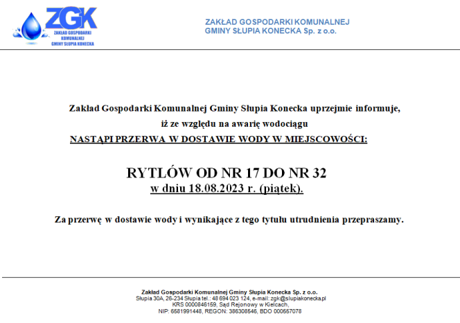Uwaga przerwa w dostawie wody w miejscowości Rytlów
