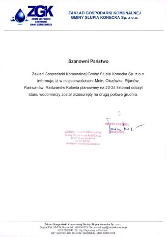 Ogłoszenie - zmiana harmonogramu odczytów wodomierzy