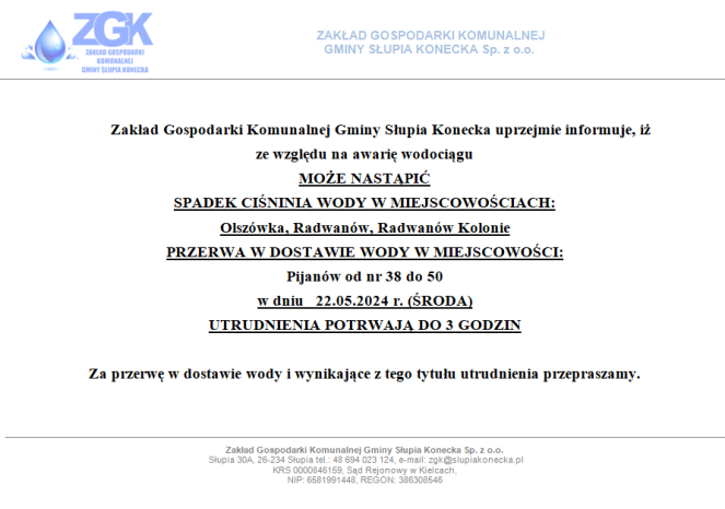 Uwaga utrudnienia w dostawie wody w miejscowościach Olszówka, Radwanów, Radwanów Kolonie oraz Pijanów od nr 38 do 50