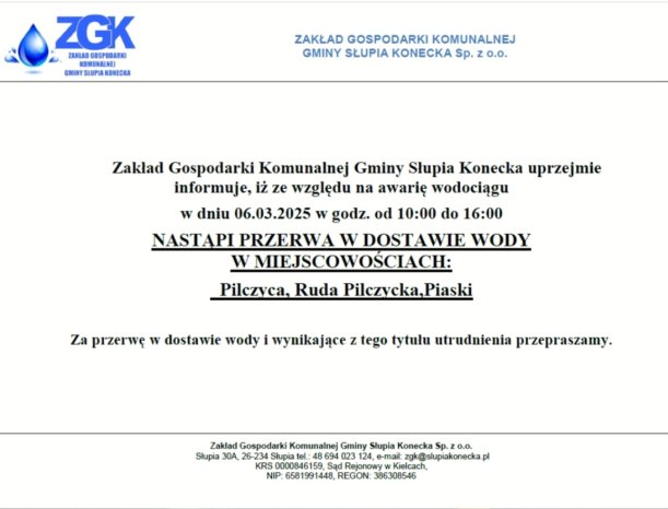 Uwaga przerwa w dostawie wody