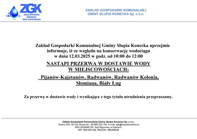 Uwaga przerwa w dostawie wody w miejscowościach Pijanów-Kajetanów, Radwanów, Radwanów Kolonia,  Słomiana, Biały Ług