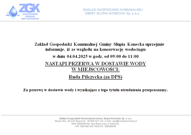 Uwaga przerwa w dostawie wody w miejscowości Ruda Pilczycka