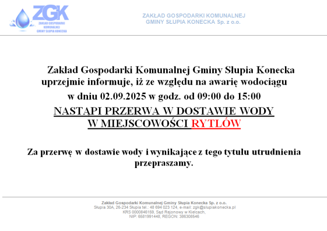 Uwaga przerwa w dostawie wody w miejscowości Rytlów
