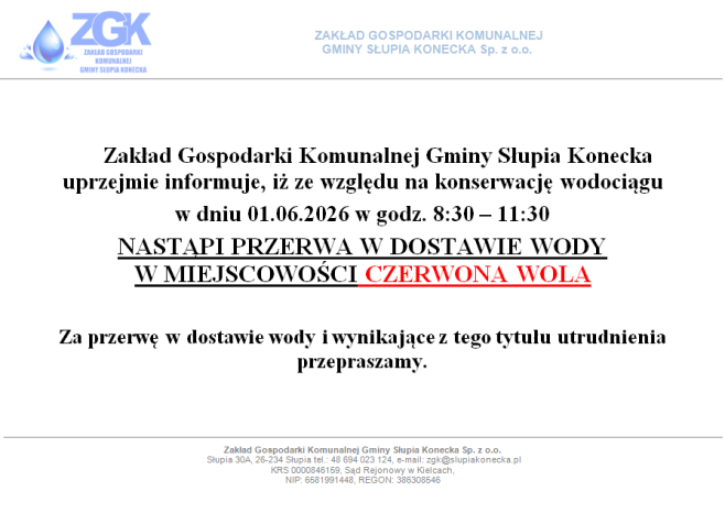 UWAGA PRZERWA W DOSTAWIE WODY W MIEJSCOWOŚCI CZERWONA WOLA