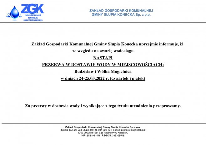 Uwaga przerwa w dostawie wody w miejscowości Budzisław i Wólka Mogielnica