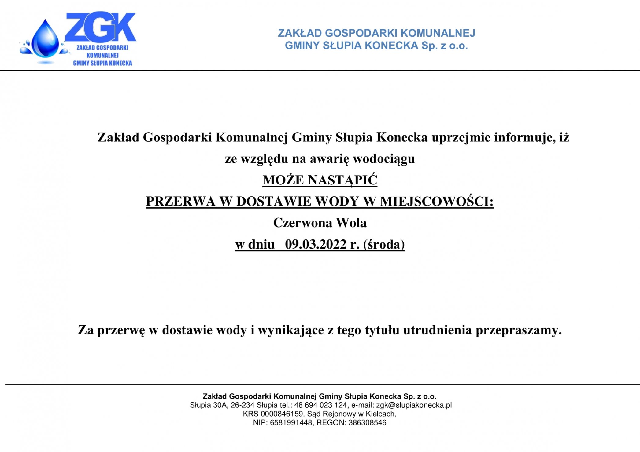 Uwaga przerwa w dostawie wody w miejscowości Czerwona Wola