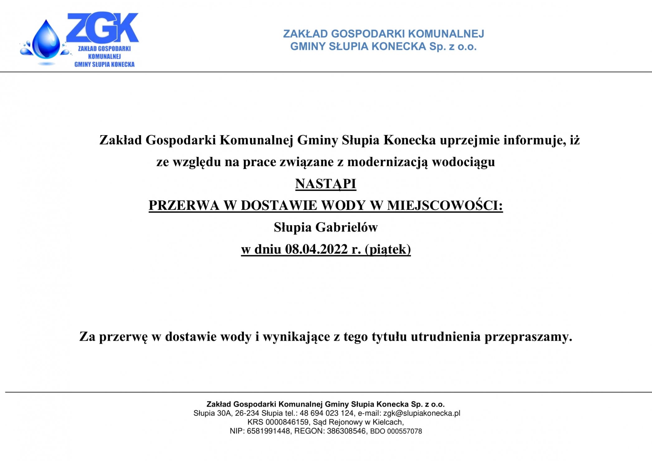 Uwaga przerwa w dostawie wody w miejscowości Słupia Gabrielów