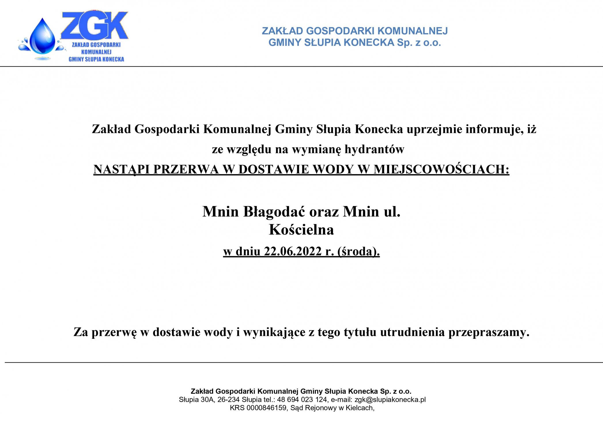 Uwaga przerwa w dostawie wody w miejscowości Mnin Błagodać oraz Mnin ul. Kościelna