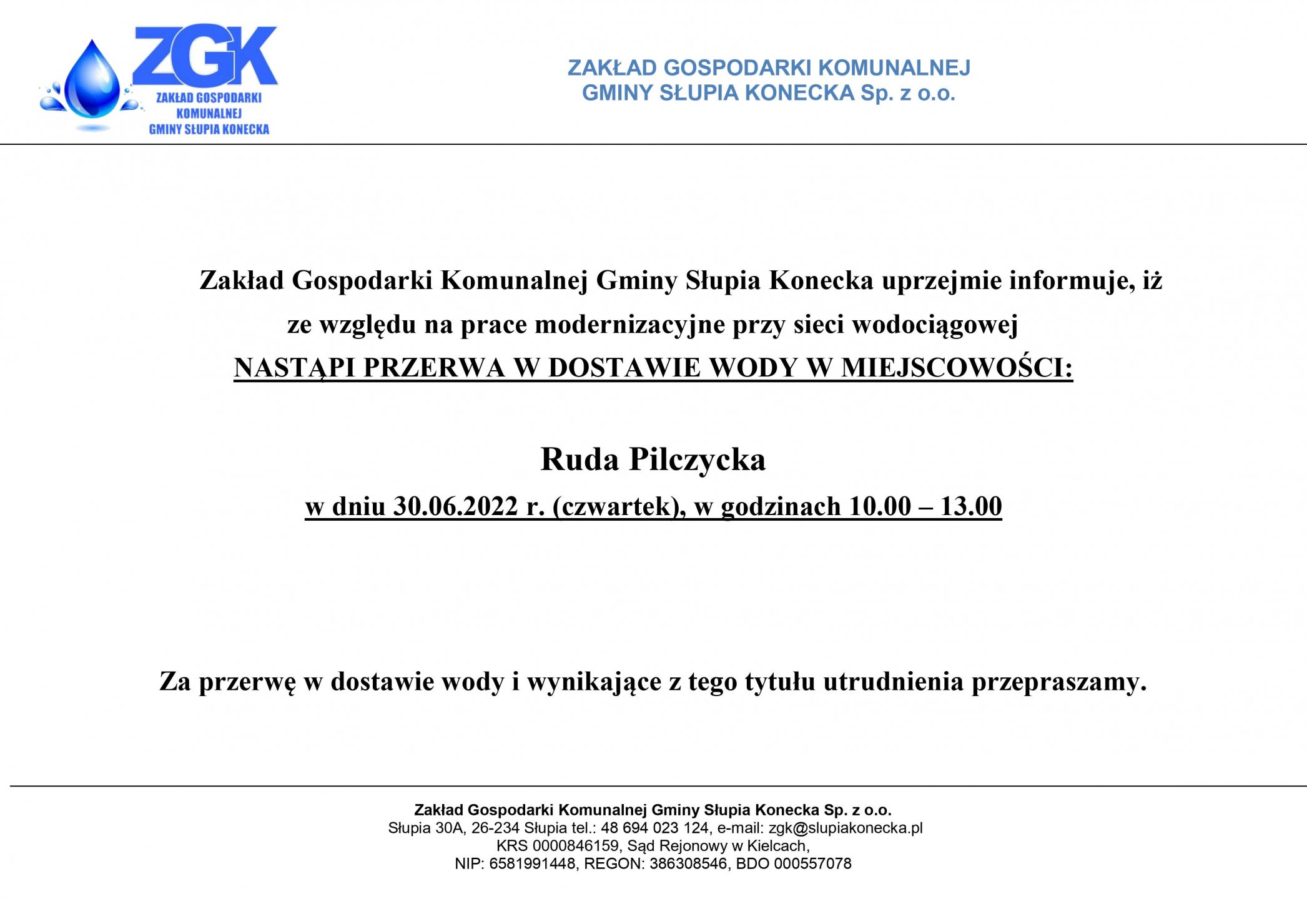 Uwaga przerwa w dostawie wody w miejscowości Ruda Pilczycka