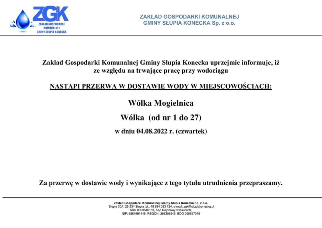 Uwaga przerwa w dostawie wody w miejscowości Wólka Mogielnica