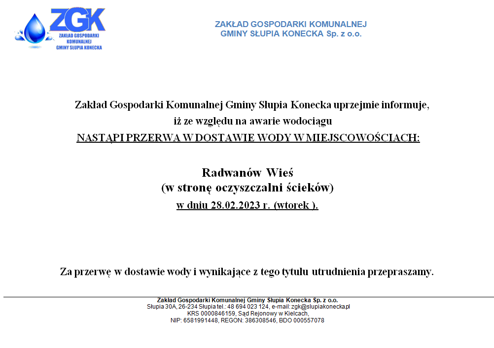 Uwaga przerwa w dostawie wody w miejscowości Radwanów Wieś (w stronę oczyszczalni)