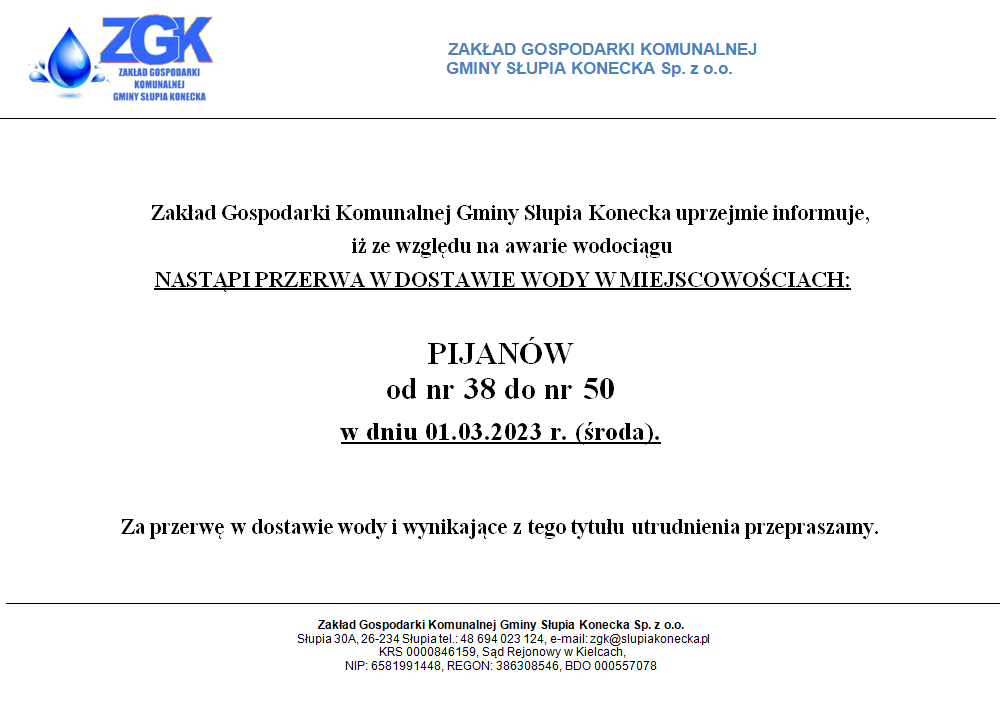 Uwaga przerwa w dostawie wody w miejscowości Pijanów od nr 38 do 50