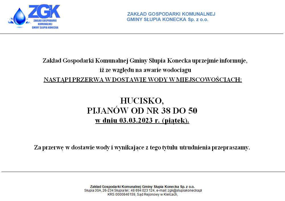 Uwaga przerwa w dostawie wody w miejscowości Hucisko oraz Pijanów