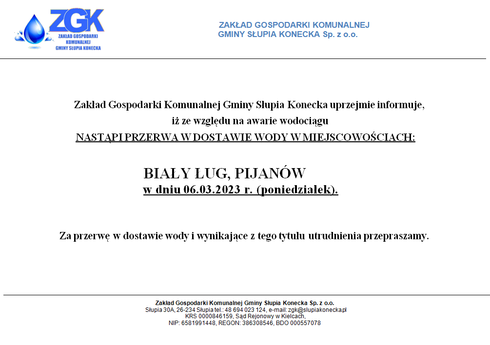 Uwaga przerwa w dostawie wody w miejscowości Biały Ług oraz Pijanów