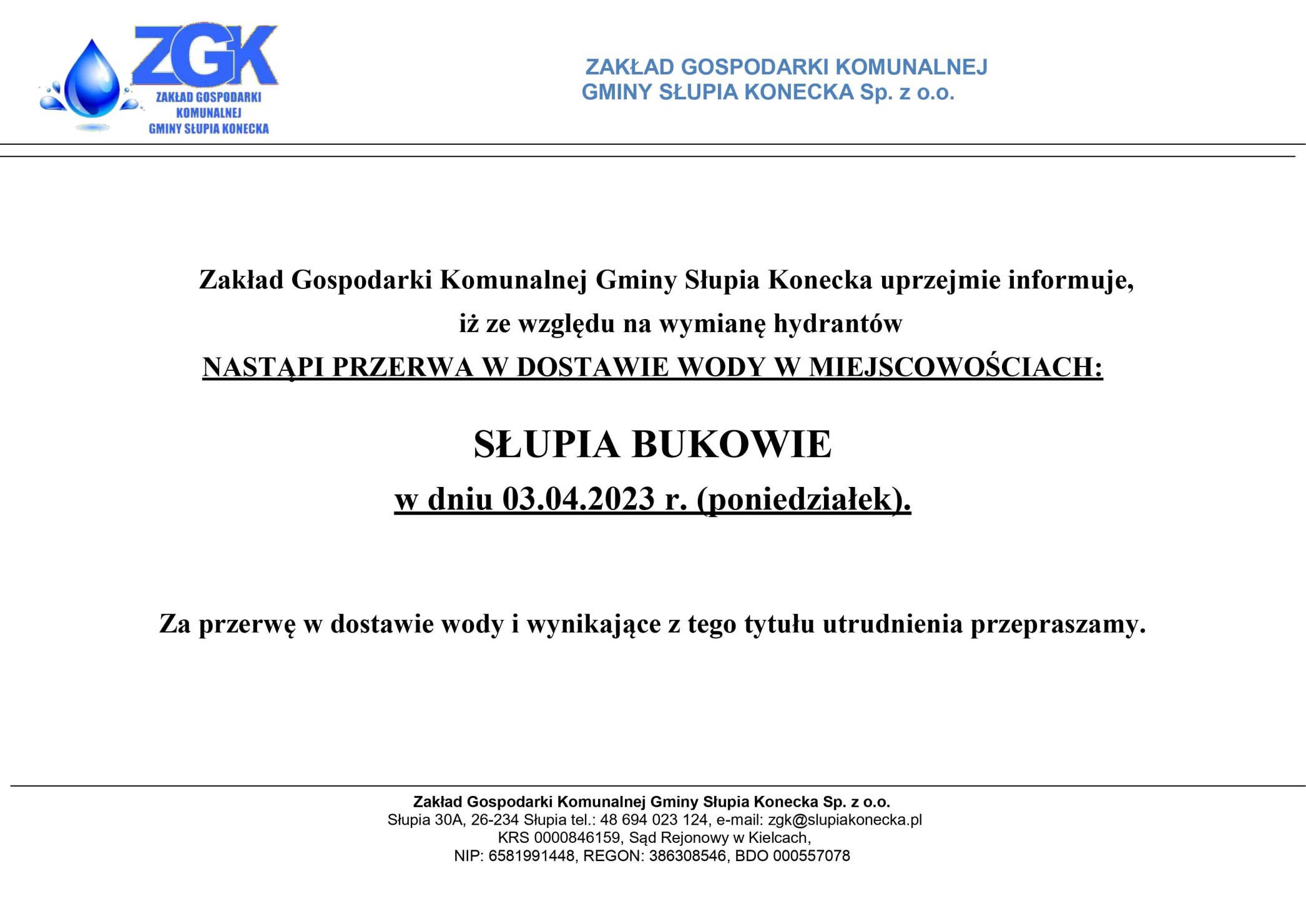 Uwaga przerwa w dostawie wody w miejscowości Słupia Bukowie