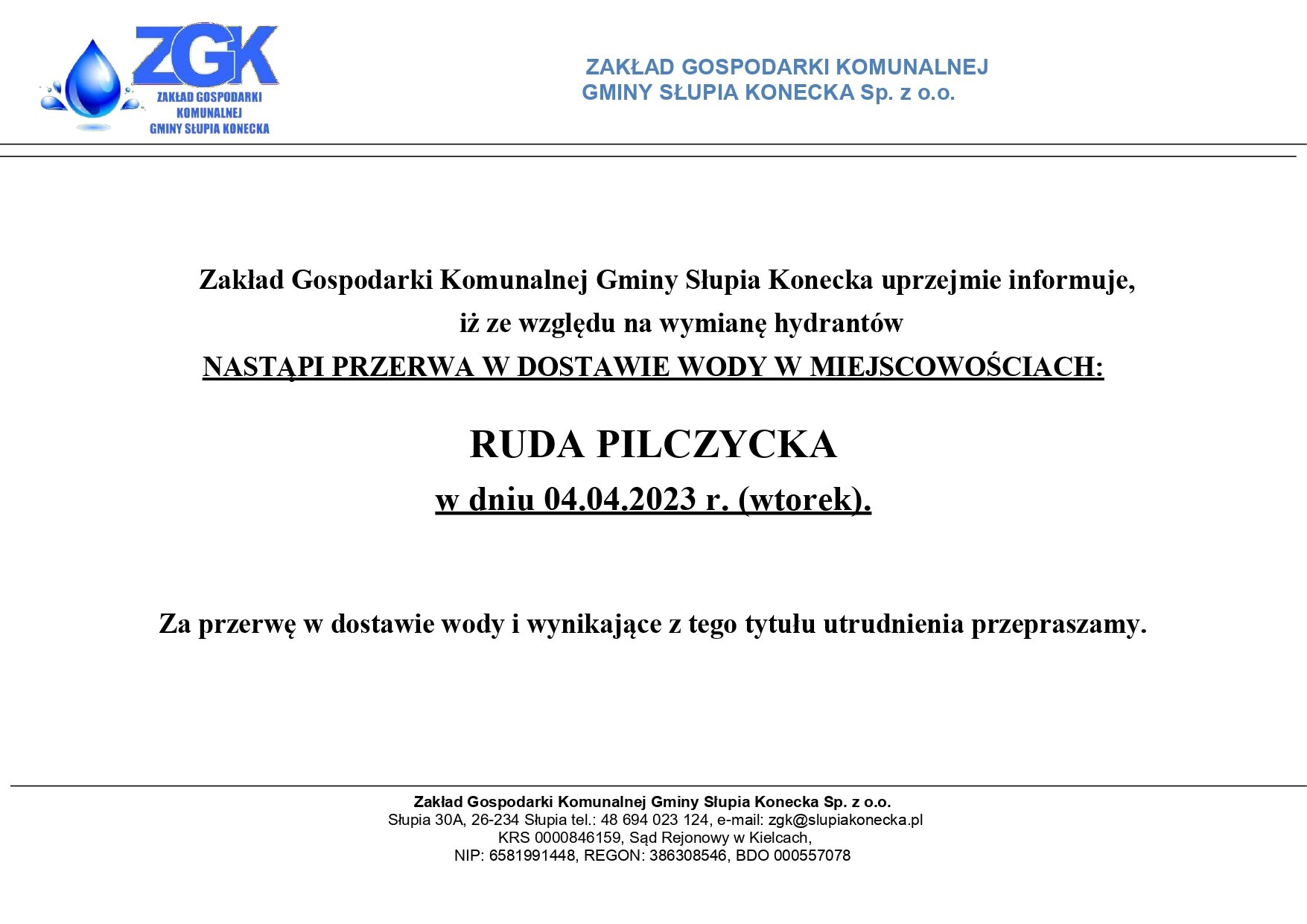 Uwaga przerwa w dostawie wody w miejscowości Ruda Pilczycka