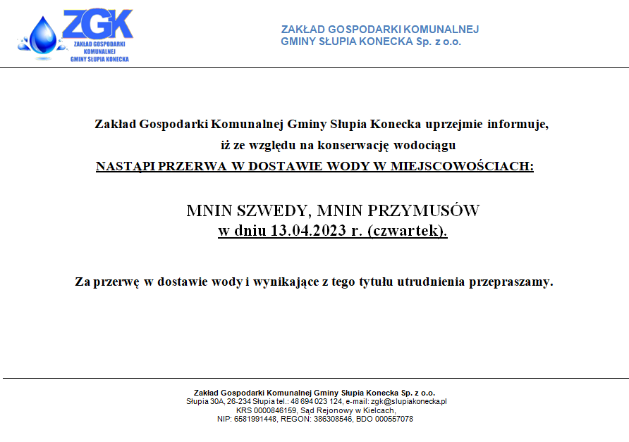Uwaga przerwa w dostawie wody w miejscowości Mnin Szwedy i Mnin Przymusów