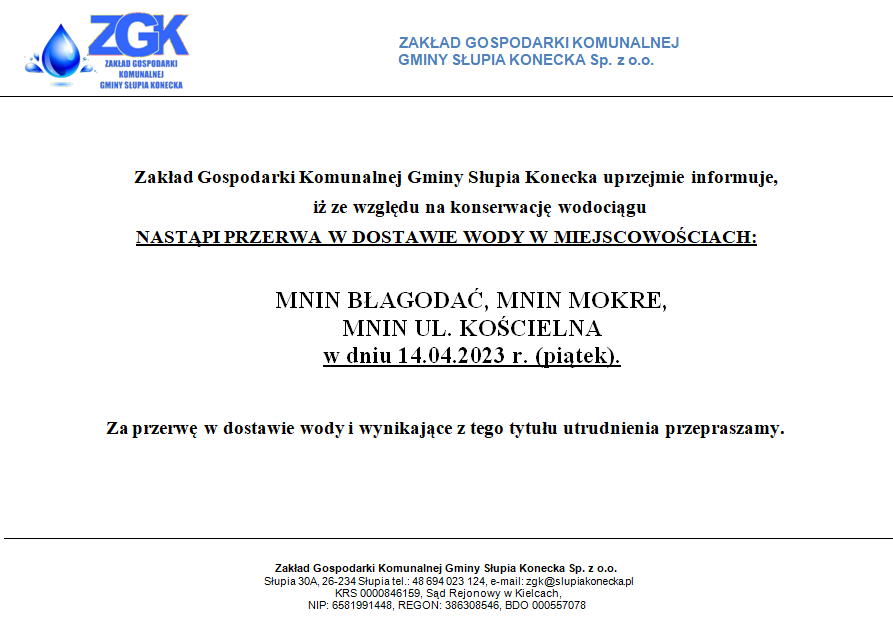 Uwaga przerwa w dostawie wody w miejscowości Mnin Błagodać, Mnin Mokre, Mnin ul. Kościelna