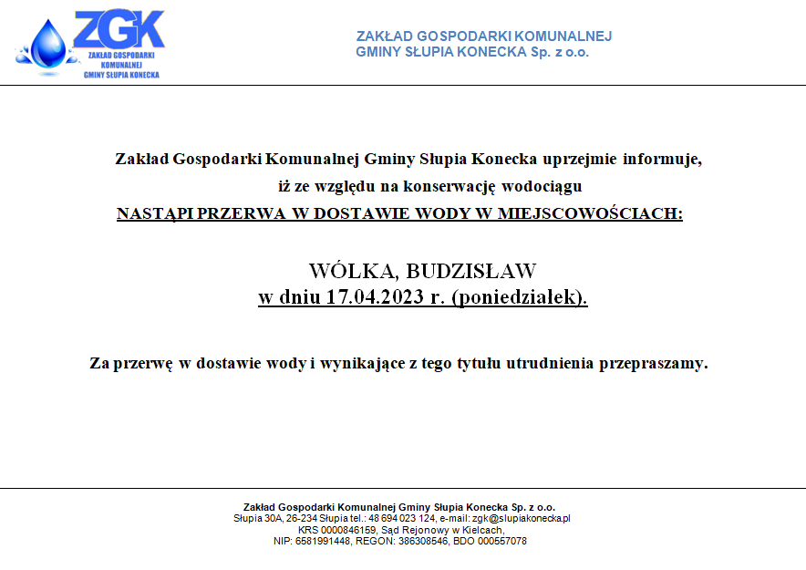 Uwaga przerwa w dostawie wody w miejscowości Wólka oraz Budzisław