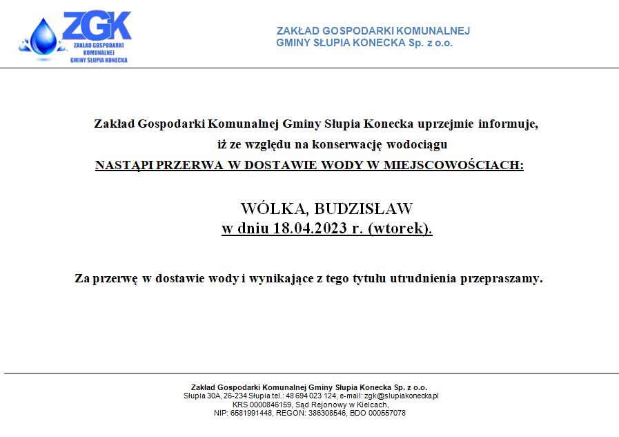 Uwaga przerwa w dostawie wody w miejscowości Wólka oraz Budzisław