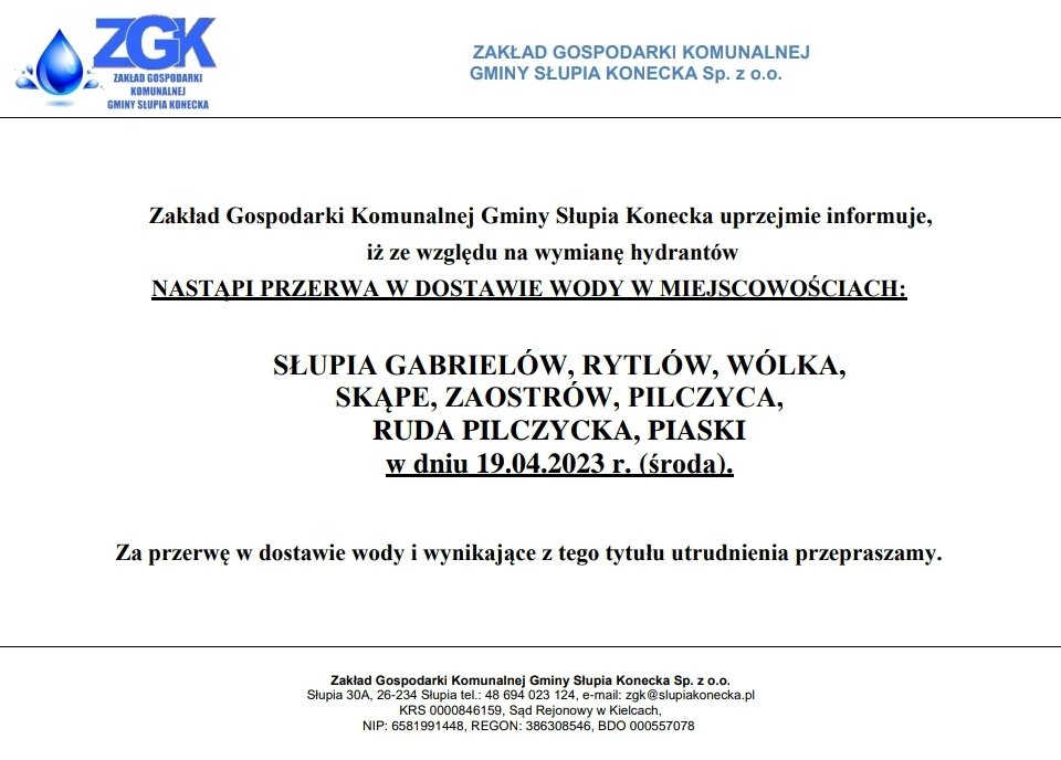 Uwaga przerwa w dostawie wody!
