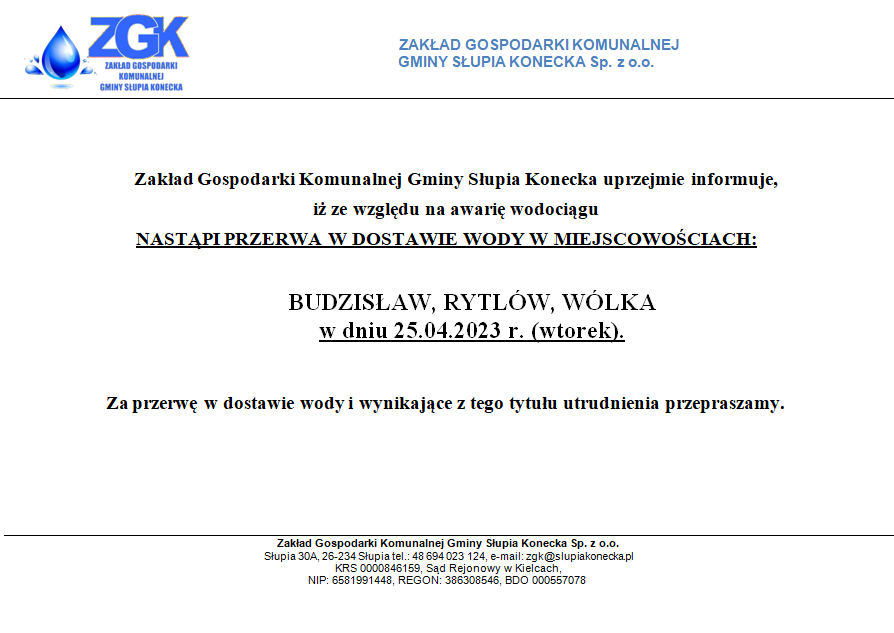 Uwaga przerwa w dostawie wody w miejscowości Budzisław, Rytlów, Wólka