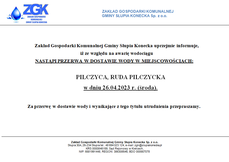 Uwaga przerwa w dostawie wody w miejscowości Pilczyca i Ruda Pilczycka!