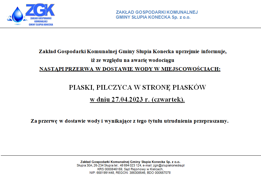 Uwaga przerwa w dostawie wody w miejscowości Piaski oraz Pilczyca!
