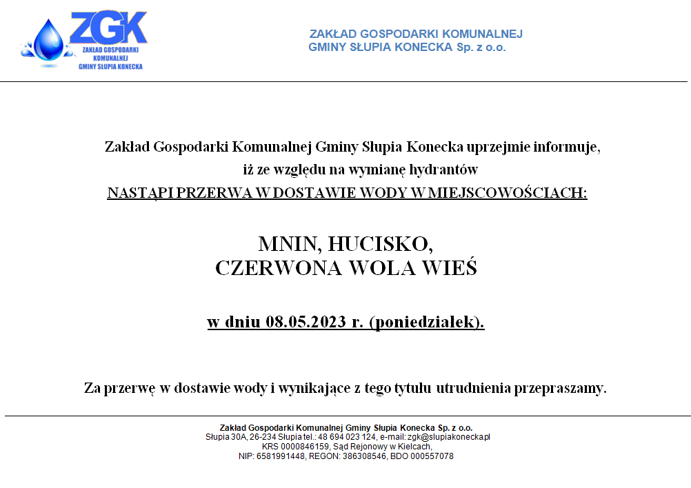 Uwaga przerwa w dostawie wody w miejscowości Mnin, Hucisko i Czerwona Wola Wieś