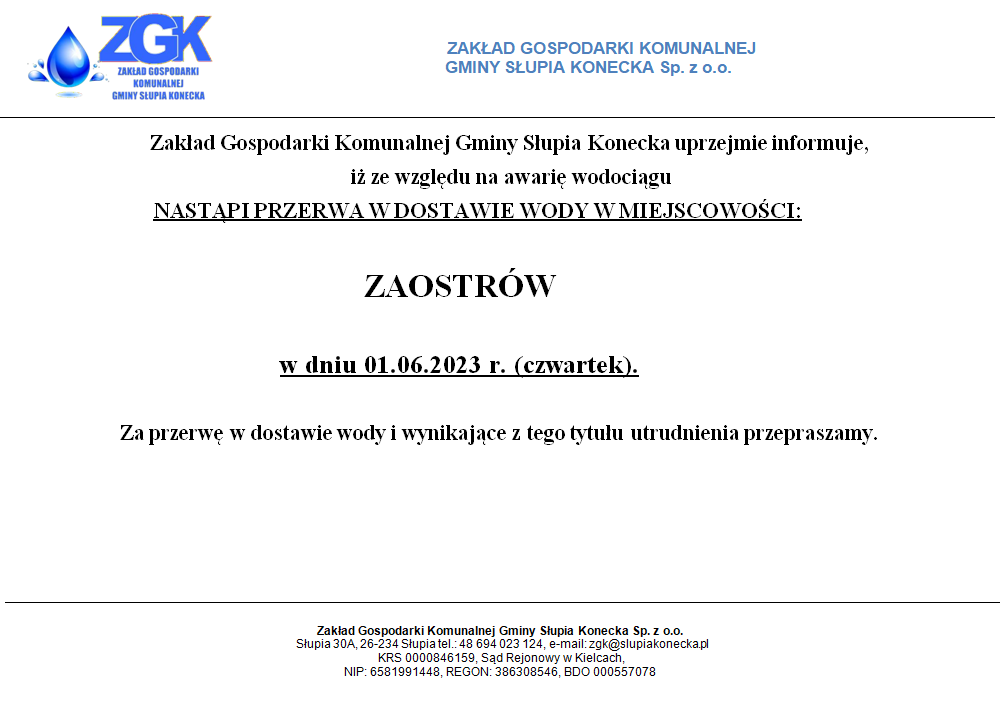 Uwaga przerwa w dostawie wody w miejscowości Zaostrów