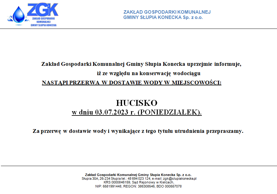 Uwaga brak wody w miejscowości Hucisko 03.07.2023 r.