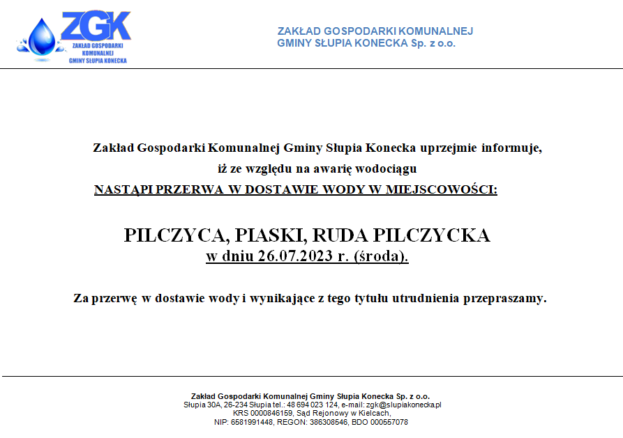 Uwaga brak wody w miejscowościach: Pilczyca, Piaski, Ruda Pilczycka