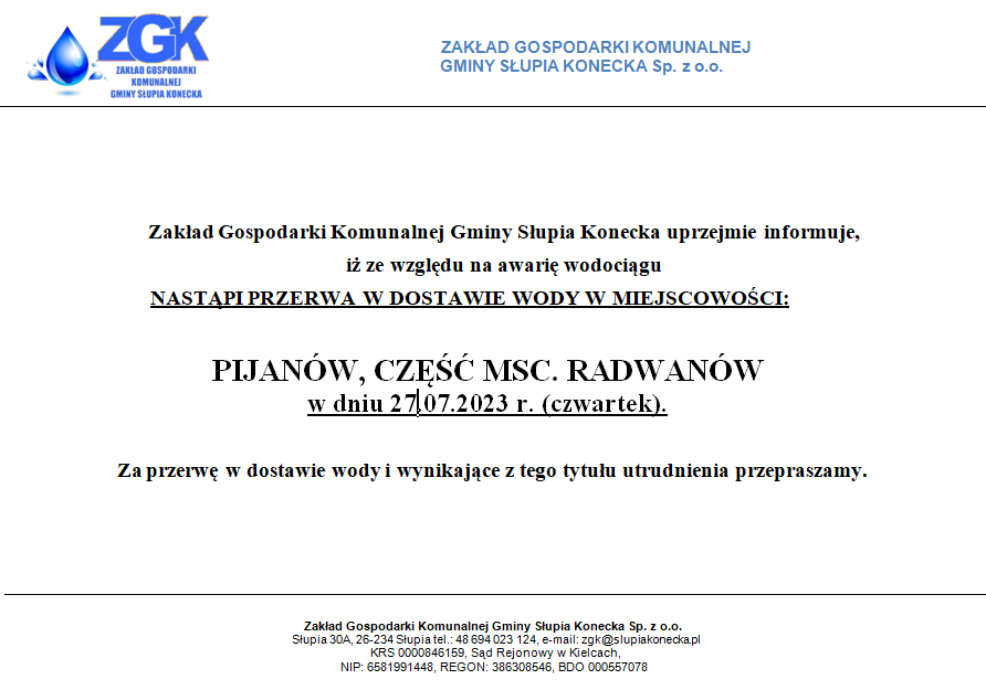 Uwaga brak wody w miejscowości Pijanów ora Radwanów