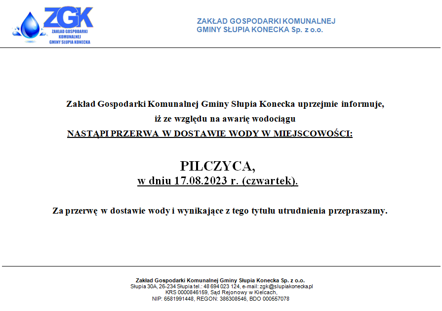 Uwaga przerwa w dostawie wody w miejscowości Pilczyca