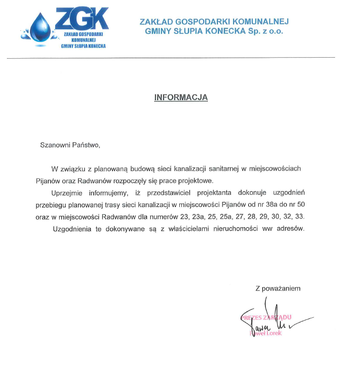 Informacja - budowa sieci kanalizacji